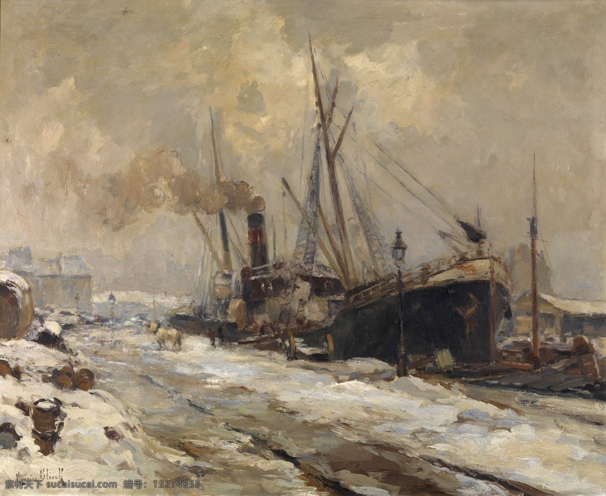 winter 大师 画家 古典 画 建筑 景物 装饰画 油画 in harbour antwerp blieck maurits 人物 高清 西方 国外 现代 家居装饰素材