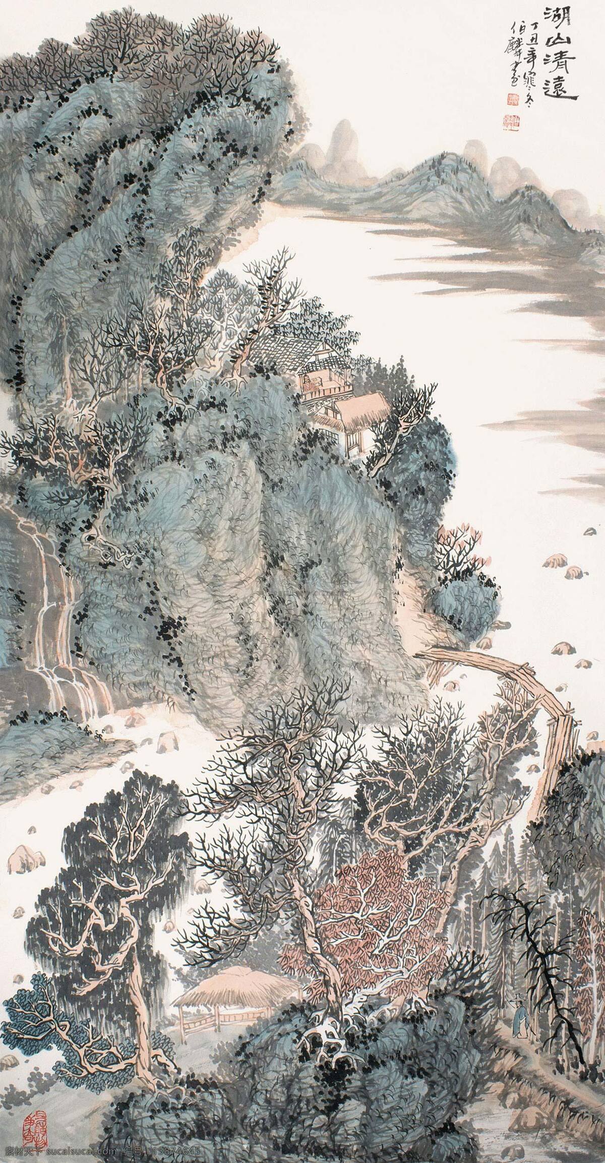 国画山水 国画 山水 瀑布 小桥 房舍 树木 艺术绘画 文化艺术 绘画书法