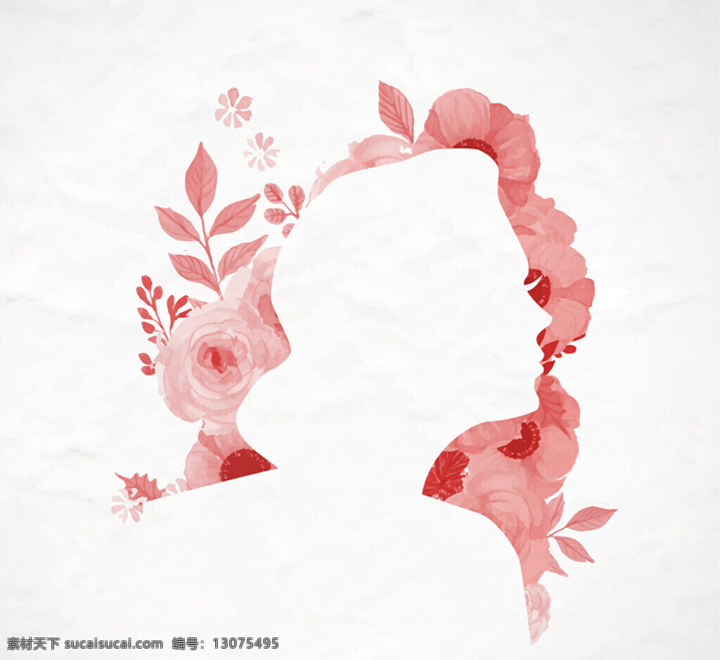 水彩 花卉 女子 剪影 矢量 矢量素材 唯美 纸纹 玫瑰 花 白色