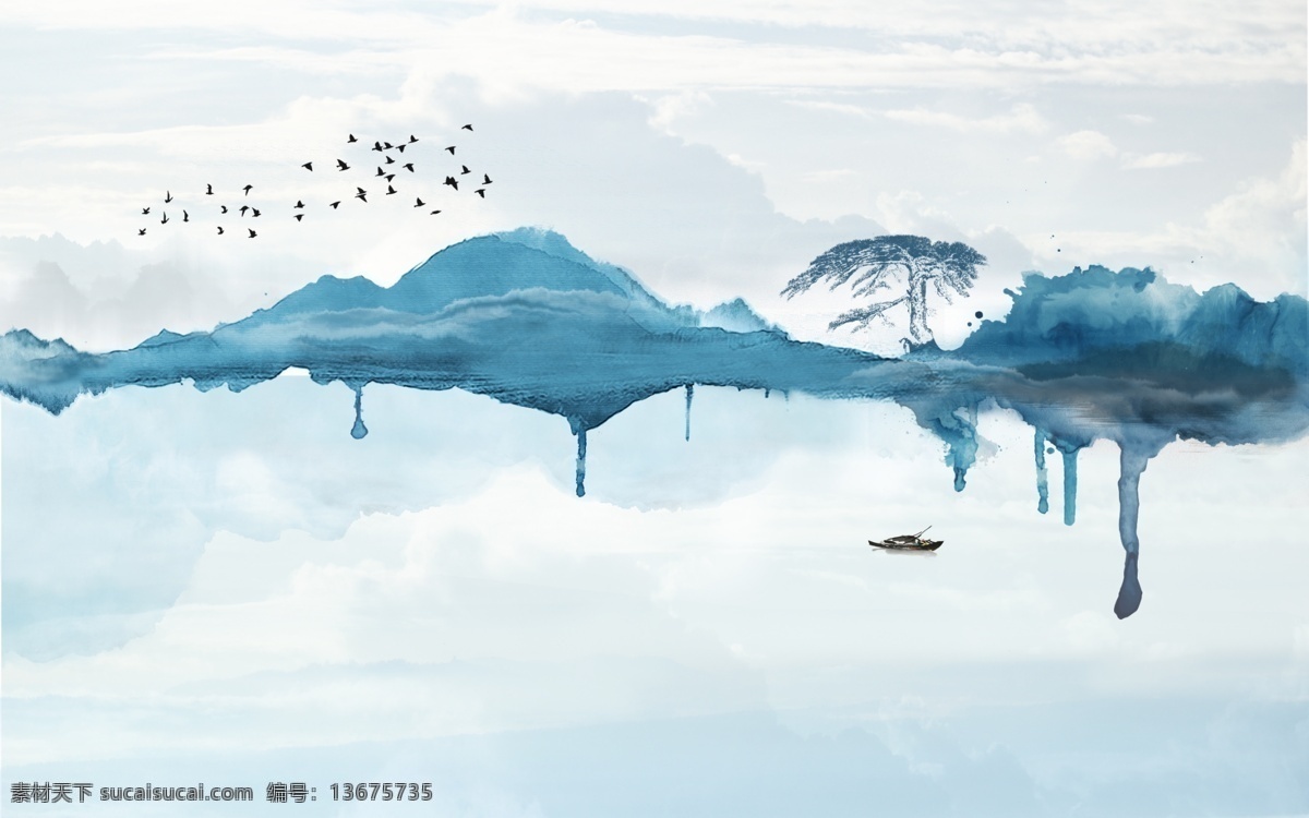 水墨山水壁画 大雁 鸟 壁画大师 现代简约 现代中式 新中式 山水 水墨 壁画 墙纸 壁纸 无框画 分层 高清 素雅 意境 典雅 泼墨 山 船舶 湖 平静 冷色系 云彩 云朵 山峰 室内广告设计