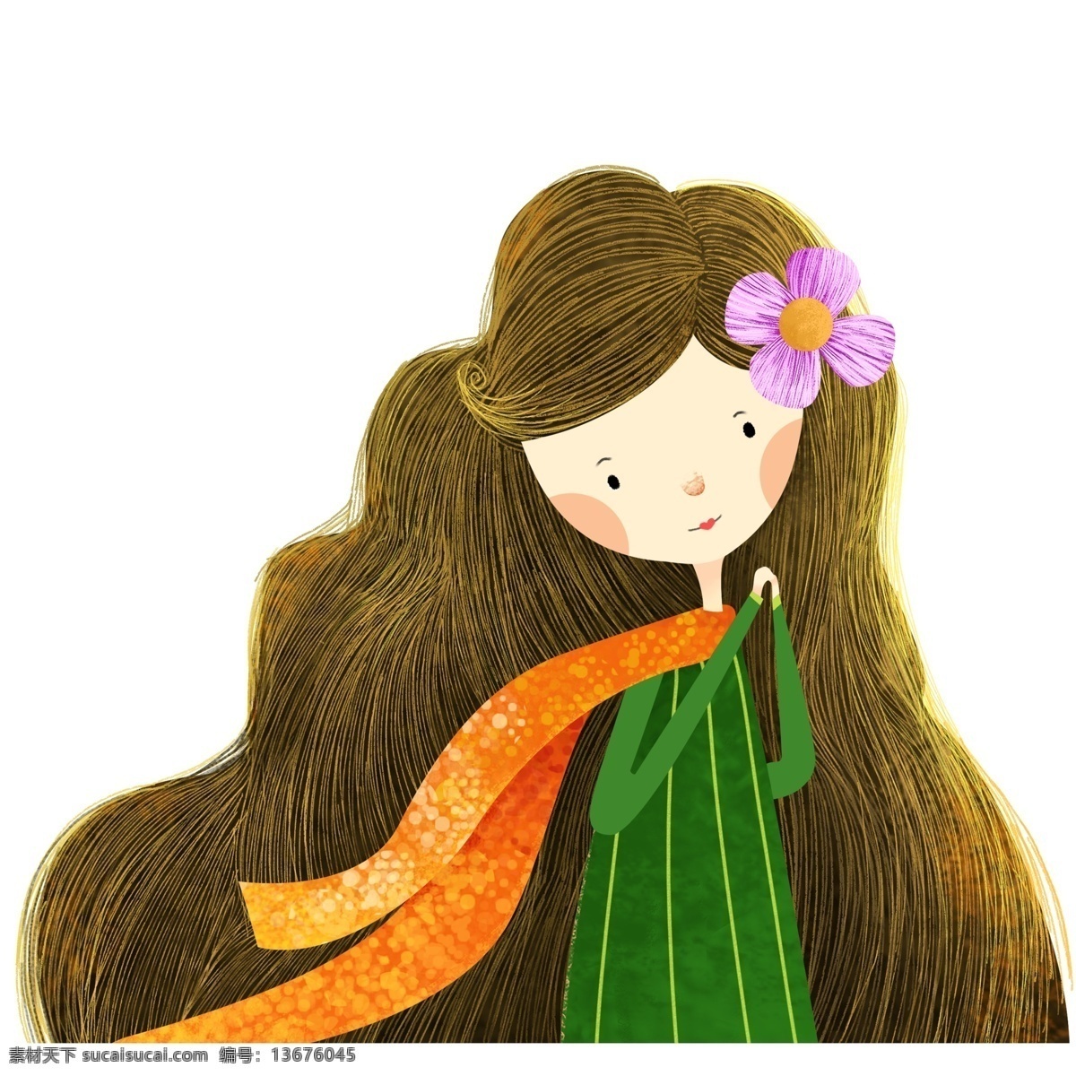手绘 头上 戴 花朵 女孩 唯美 创意 公主 彩绘 人物设计 插画元素