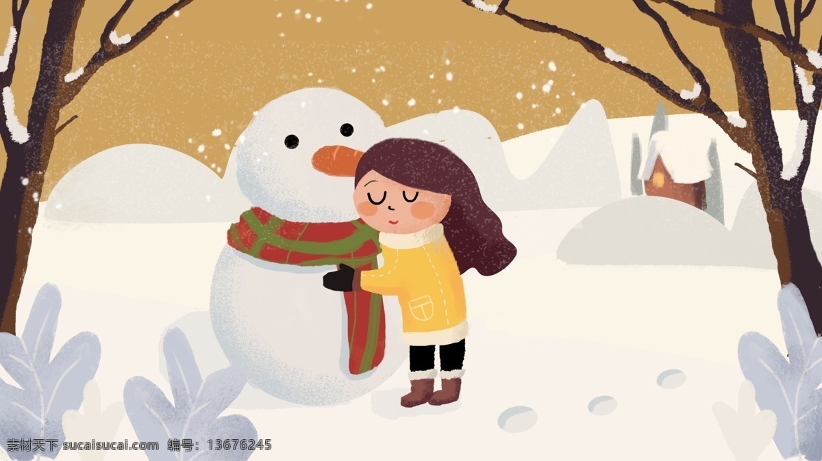 十一月 冬天 你好 雪人 温馨 复古 插画 模板 人物 简约 房子 女孩 背景 海报 雪地 脚印 雪