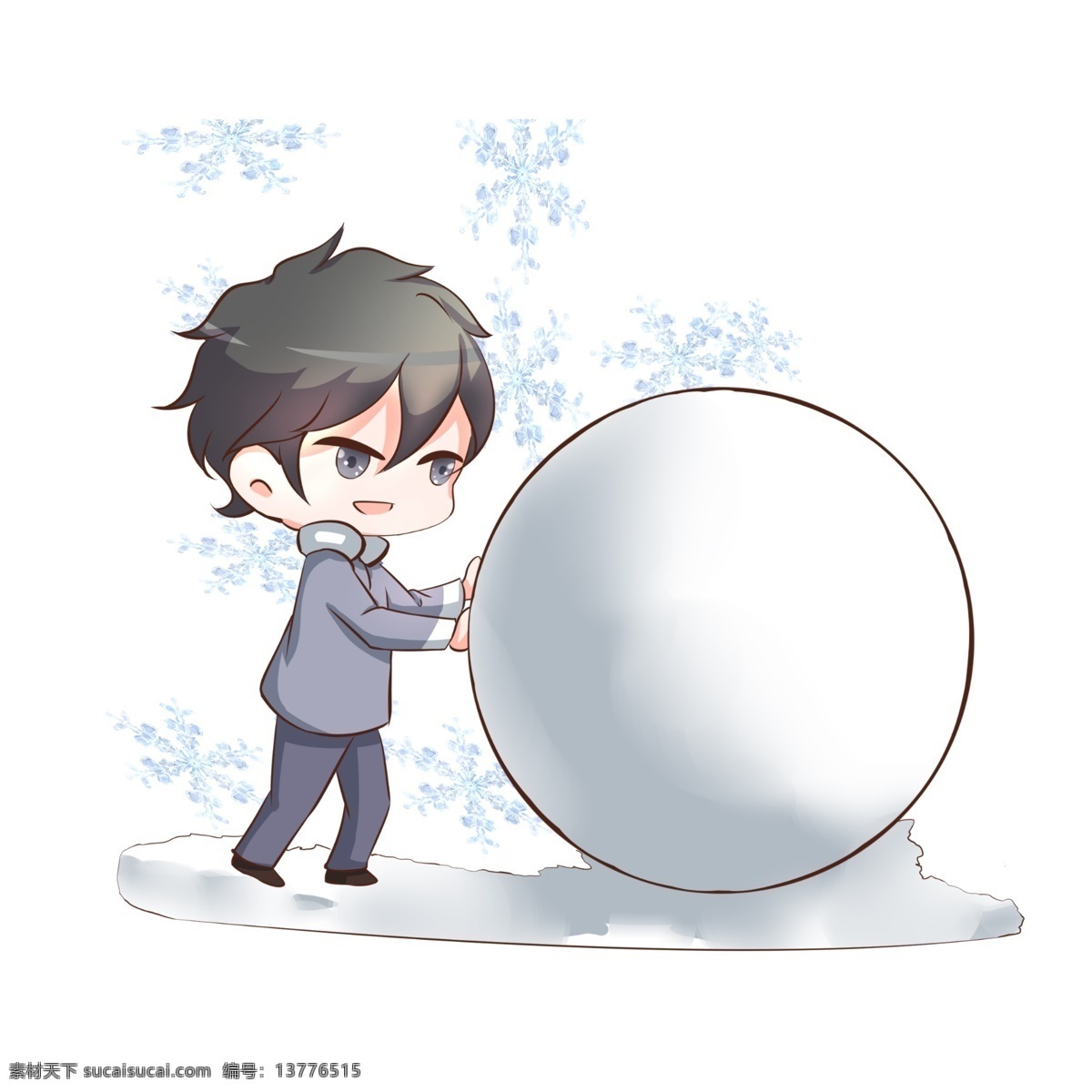 手绘 冬季 旅游 滚雪球 插画 大大的雪球 帅气的男孩 雪球倒影 厚厚的白雪 创意