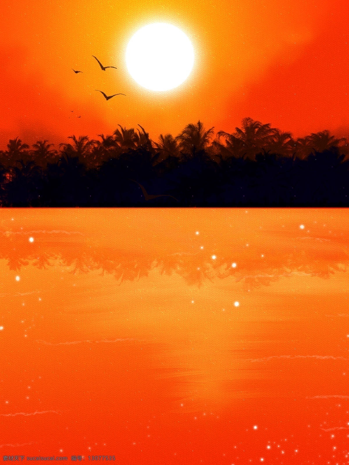 全 原创 手绘 梦幻 夕阳 树林 橙色 背景 太阳 唯美背景 简约 小鸟 水 河边 竖版背景风景 竖版