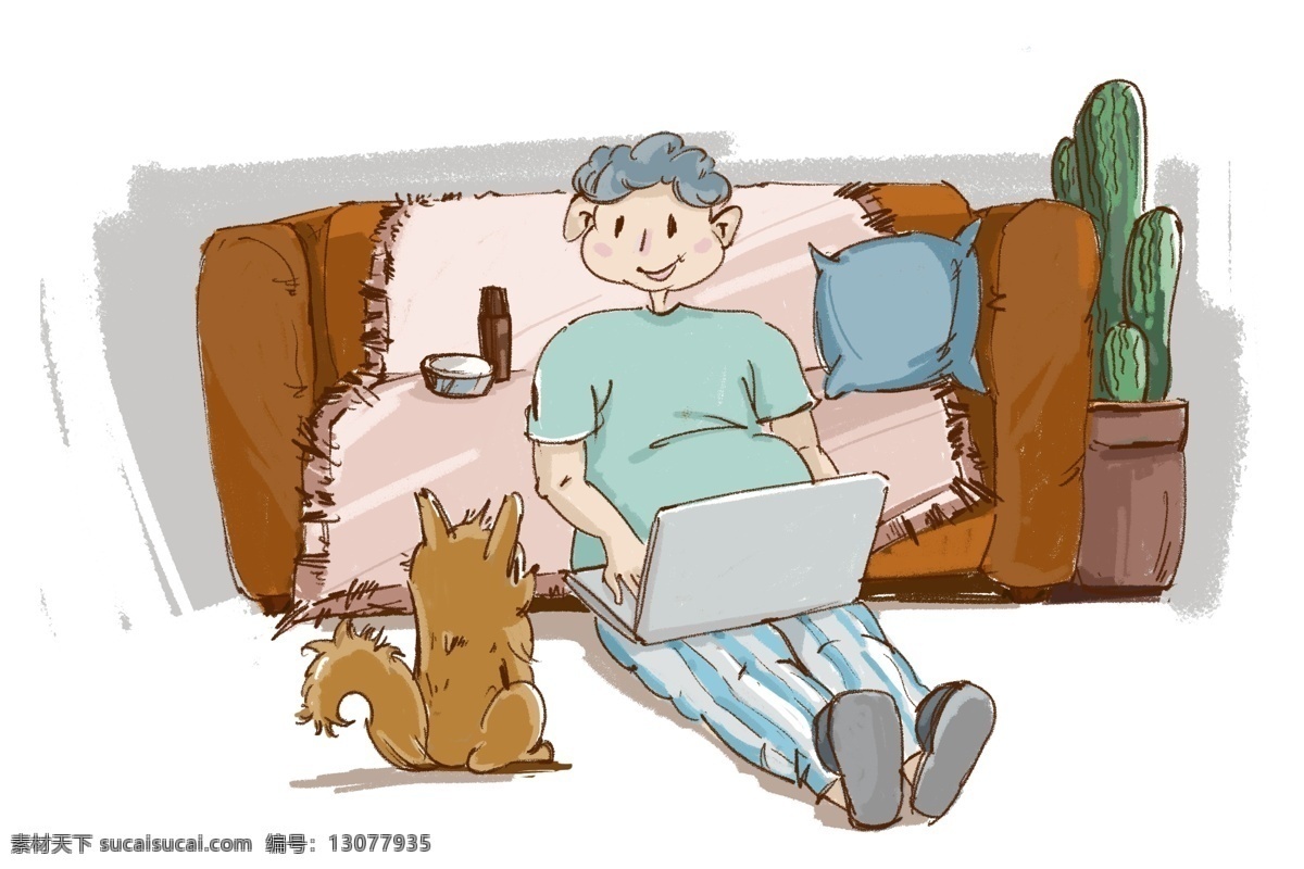 手绘 小 清新 人物 居家生活 场景 手绘人物 男孩 上网 沙发 小清新场景 狗 人与宠物 仙人掌 手绘配图