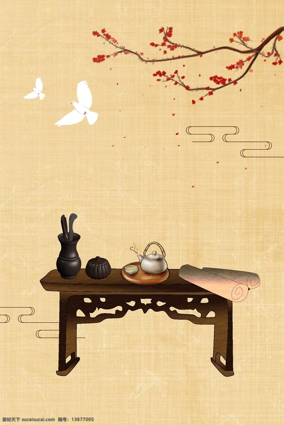 古风 清雅 春茶 节 茶道 茶具 石 桌 背景 图 春茶节 石桌 树枝 质感底纹 背景图 海报