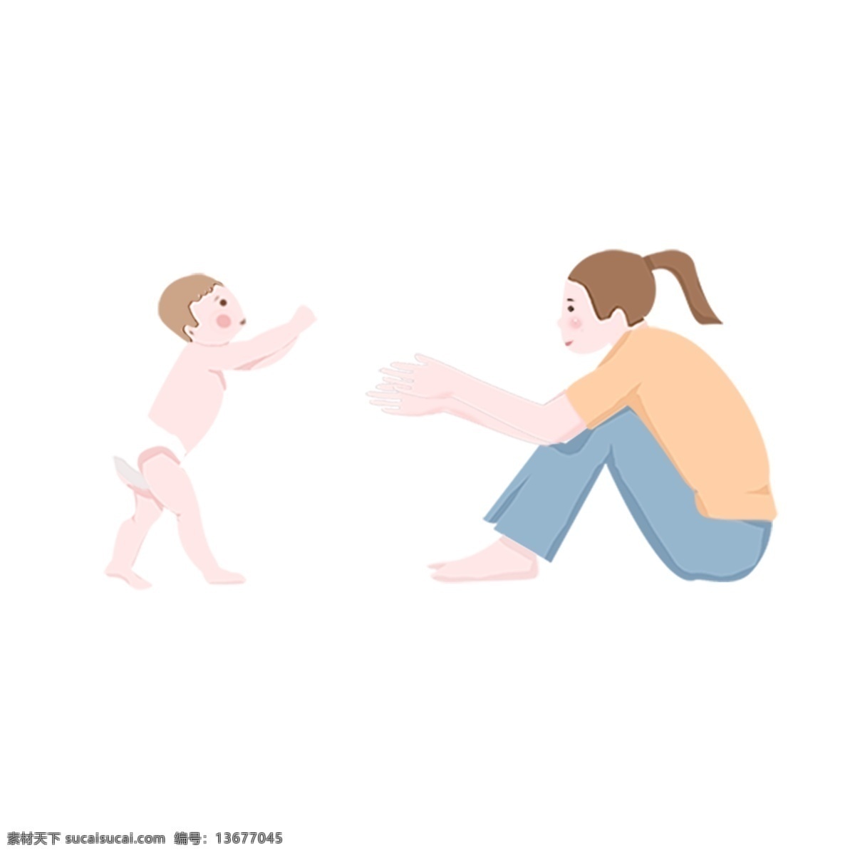 母亲节 温馨 手绘 插画 母亲 母子 成长 陪伴 亲情 珍惜 孩童学会走路