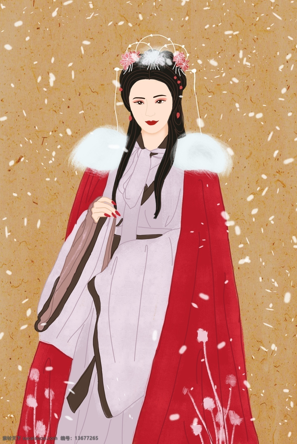 国 潮 中国 风 服饰 汉 服 古装 女子 红 国潮 中国风 汉服 红披风 落雪 手绘插画 分层