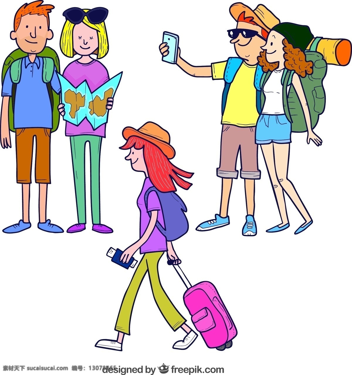 组 创意 旅行 人物 男子 女子 情侣 夫妇 背包 行李箱 手机 度假 动漫动画 动漫人物