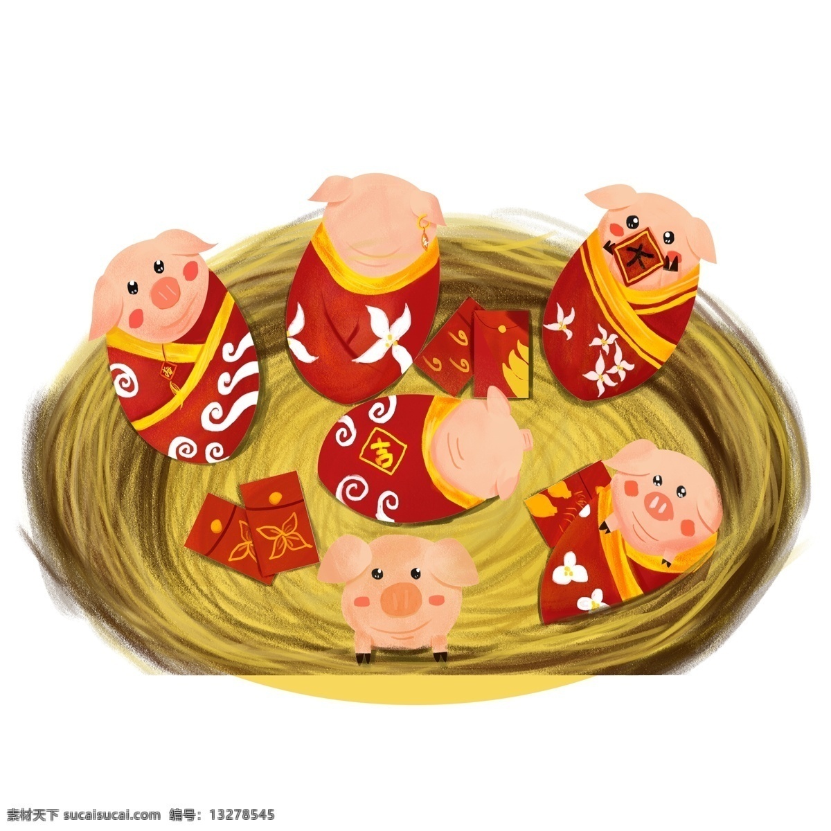 手绘 卡通 草窝 里 祝福 新年 呆 萌 可爱 猪 宝宝 呆萌 卡通小猪 红包 猪年 猪宝宝 祝福新年 猪年祝福