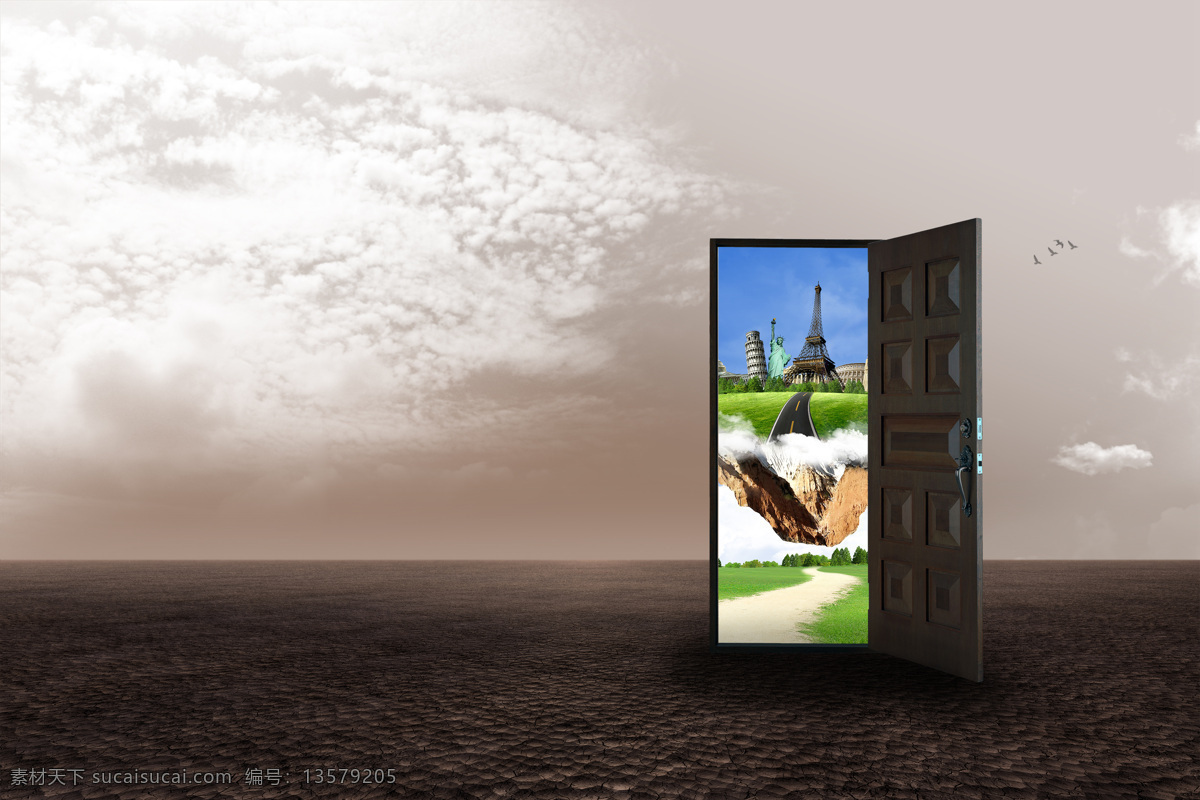 创意图片素材 门 天空 自由女神 铁塔 斜塔 楼房 建筑 城市 底纹背景 创意图片 图片背景 其他风光 风景图片