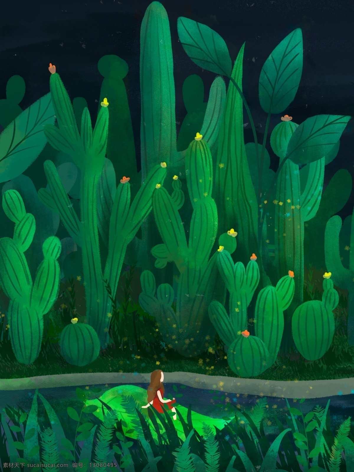 绿色 清新 小暑 节气 主题 插画 质感 水彩 创意 手绘 精选 绿叶 仙人掌 植物