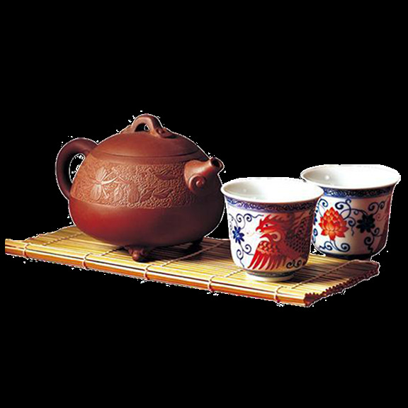 清新 红褐色 茶壶 产品 实物 茶道 产品实物 木制茶垫 青花瓷茶杯