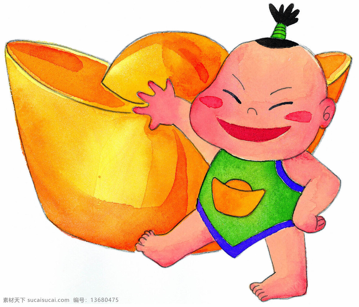 小孩 元宝 水彩画 新年水彩画 卡通 新年 美术作品 文化艺术