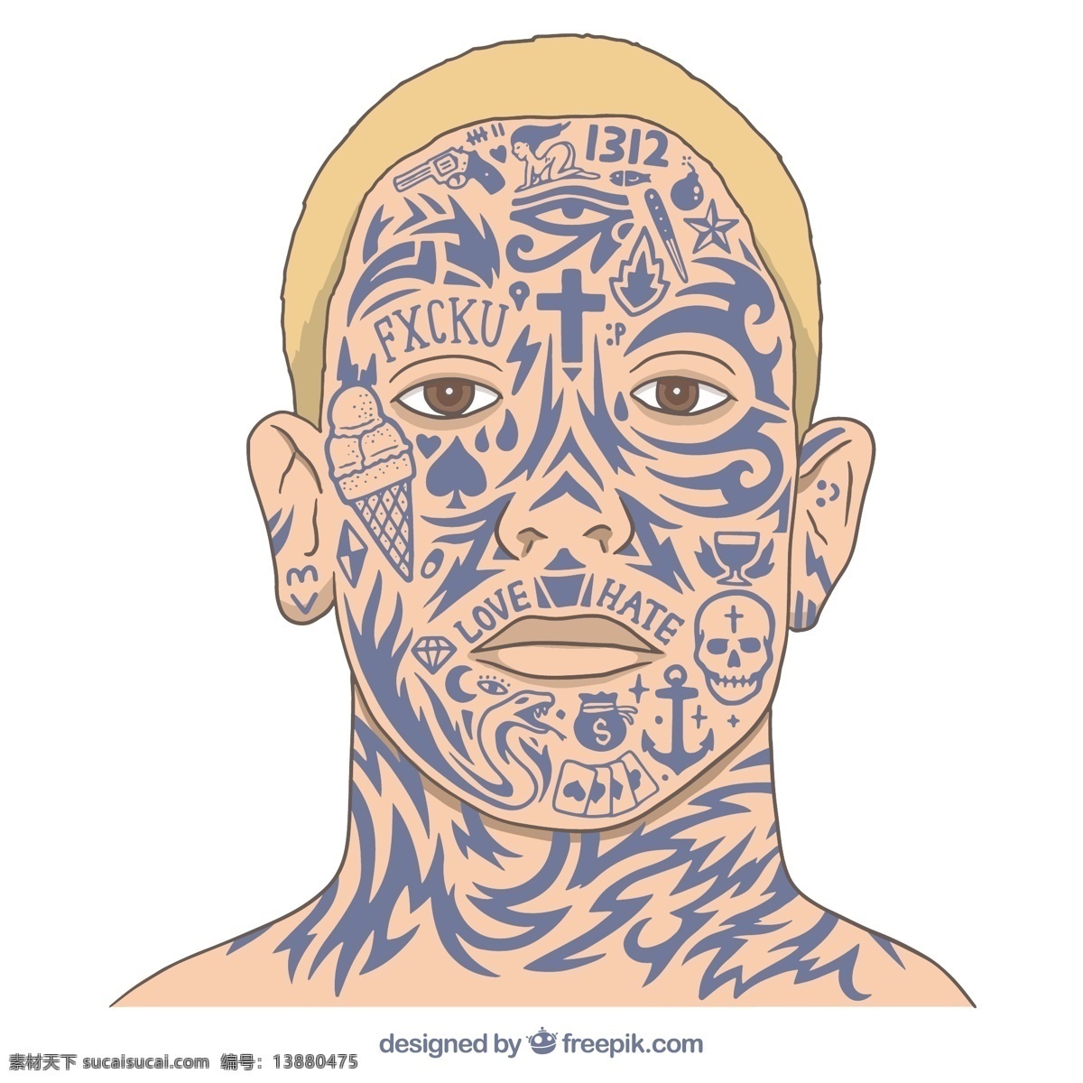 面部纹身 复古 手工 印花 线条 油漆 头骨 眼睛 刷子 艺术 纹身 人类 十字架 血液 部落 绘画 墨水