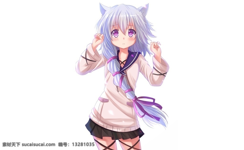 动漫少女 动漫 少女 兽耳 校服 银发 辫子 动漫人物 动漫动画