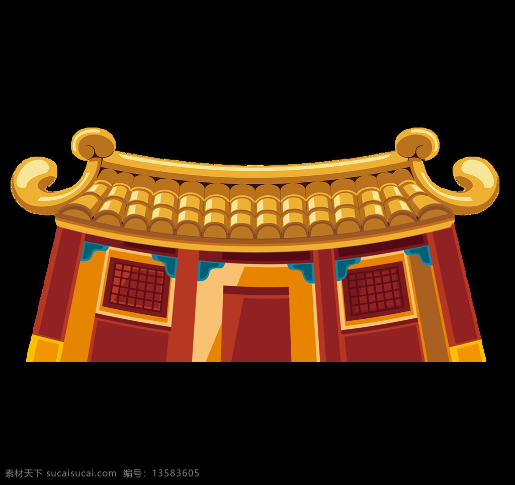 复古 红色 建筑 元素 房屋 花纹 金色 免扣 透明 屋檐