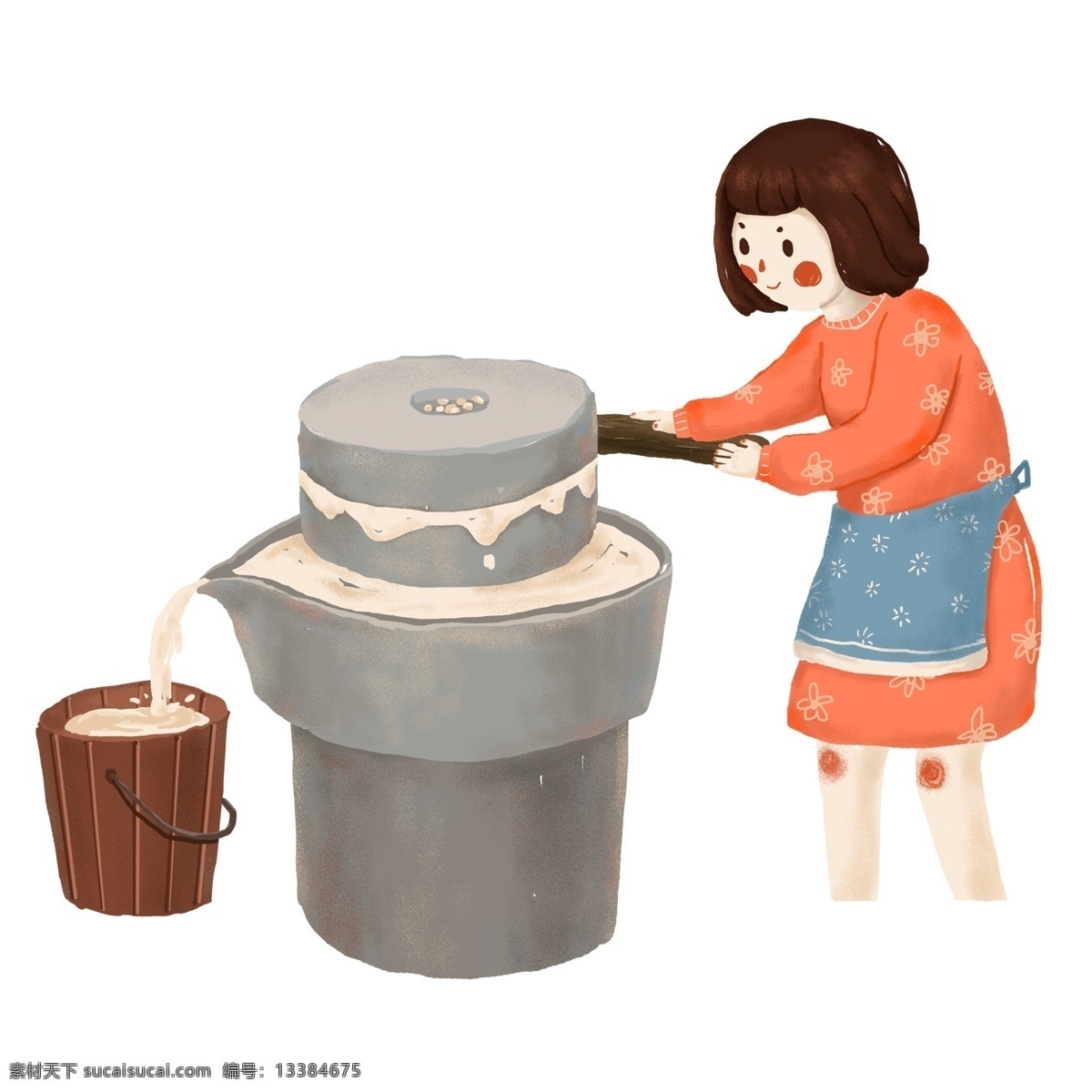 做 豆腐 女孩子 元素 手绘 插画 女孩 女生 可爱 人物设计 劳动 做豆腐