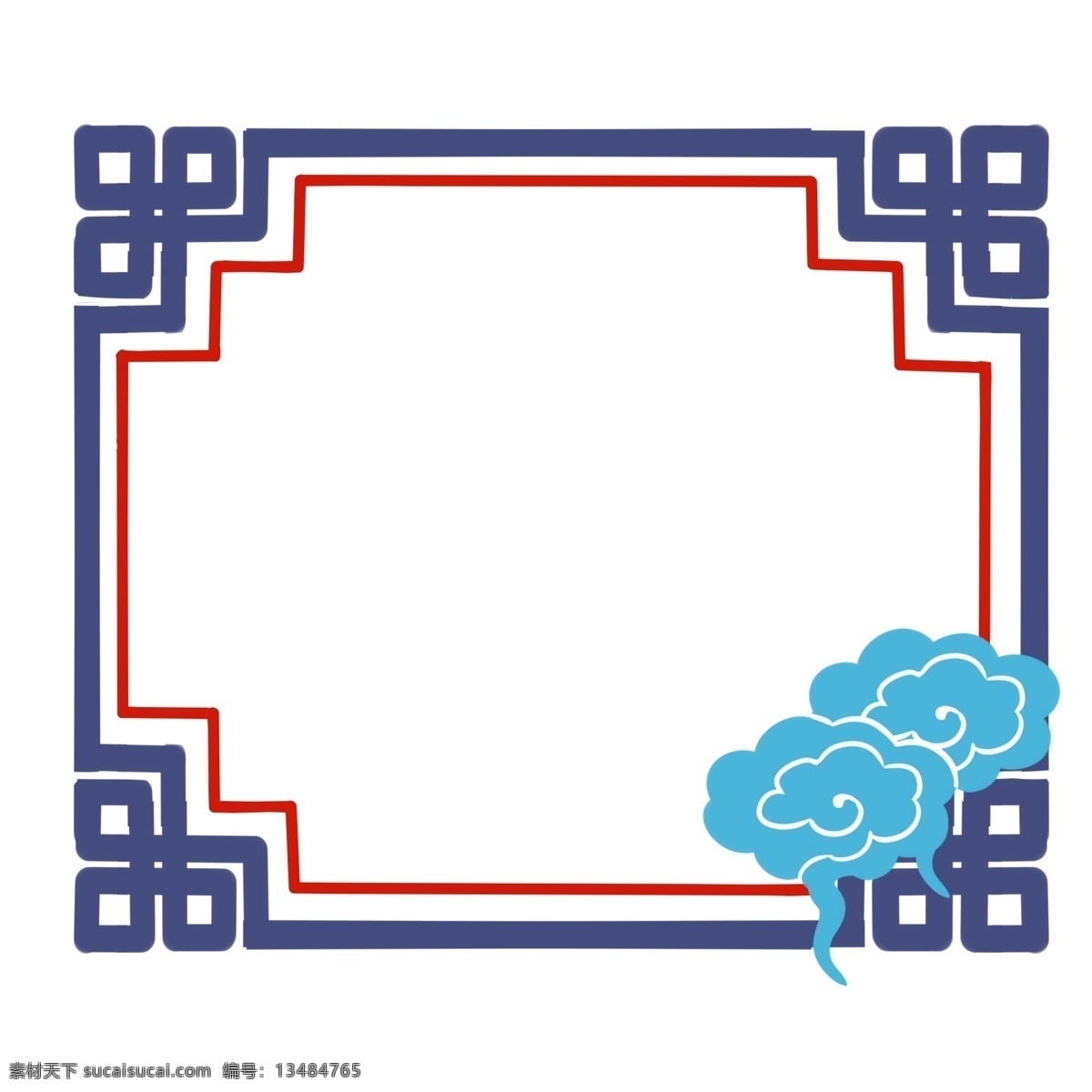 手绘 蓝色 祥云 边框 花纹边框 插画 蓝色花纹 蓝色祥云 红色线条 边框插图