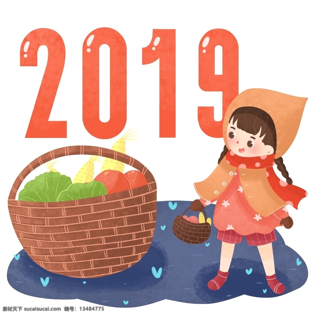 卡通 可爱 元旦 新年 2019 年 插画 红色 喜庆 温馨 2019年 跨年 收获 年夜饭 女孩 庆祝 温暖