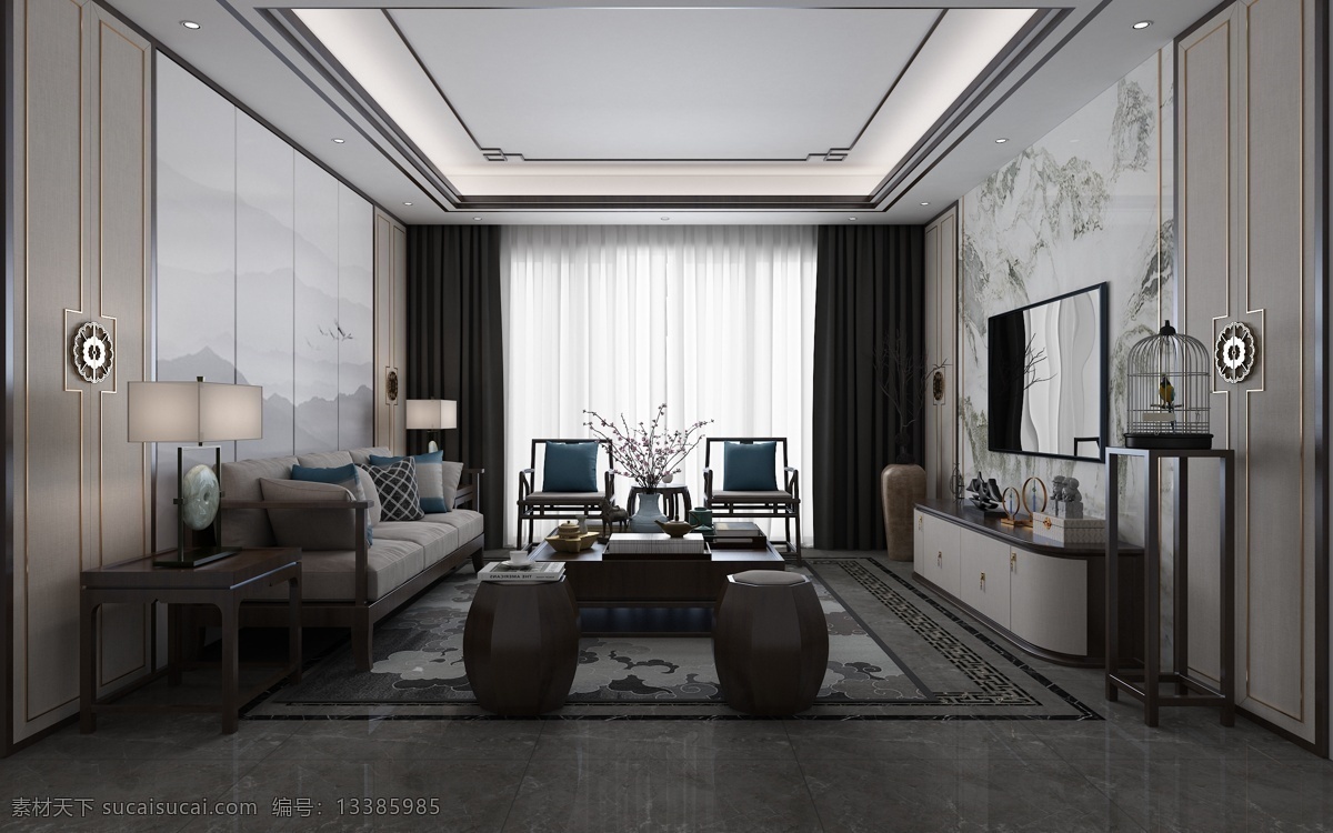 新中式 客厅 渲染图 三维 合成用 室内设计 3d设计 3d作品