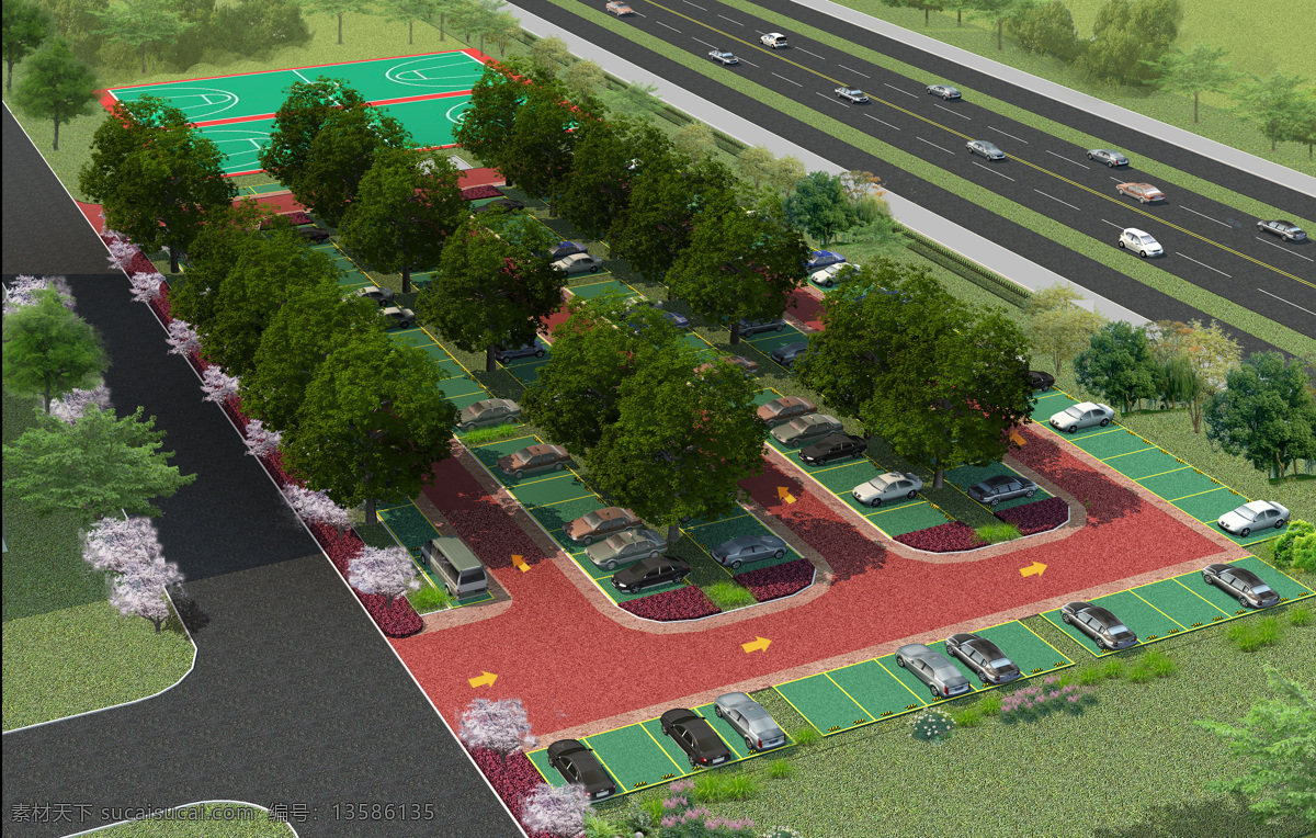 透水 彩色 混凝土 停车场 生态停车场 彩色混凝土 透水砖 林荫停车场 效果图 环境设计