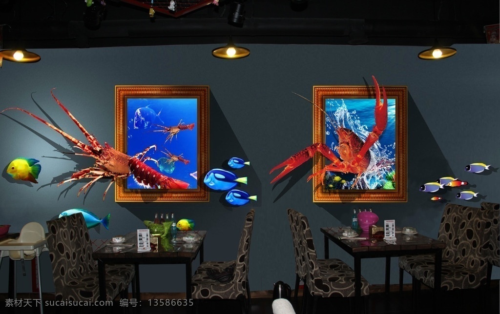 3d 龙虾 墙 绘 效果图 墙绘 餐厅墙 手绘墙 3d设计