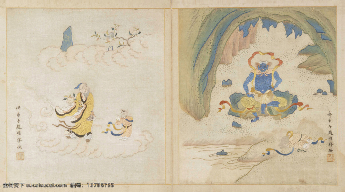 善财五十三参 古画非高清 山峰 山石 野草 流水 祥云 仙桃 桃树 寿星 仙人 山洞 菩萨 童子 参拜 古典 国画 清代 顾绣 工笔 佛像 人物 佛教礼仪教化 绘画书法 文化艺术
