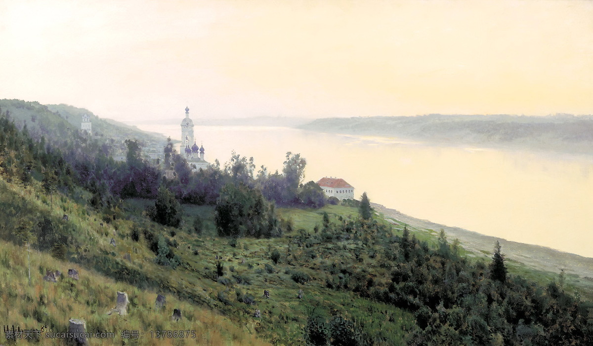傍晚 金色的水面 俄罗斯绘画 油画 列维坦 风景画 巡回画派 现实主义绘画 绘画书法 文化艺术