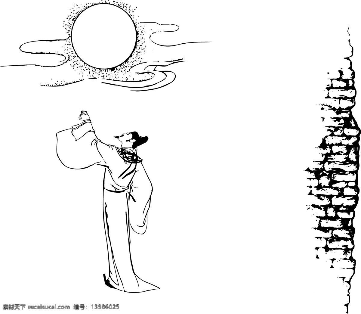 李白 酒 歌 图 古人 明月 明月几时有 月亮 残墙断壁 对酒当歌 举杯邀明月 矢量图