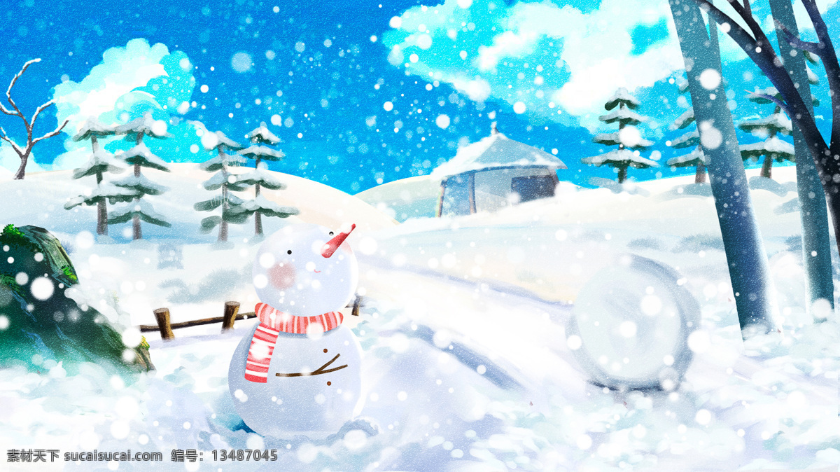 唯美 清新 冬天 雪景 雪人 立冬 大雪 小雪 插画 壁纸 冬天雪景 手机配图 电商用途