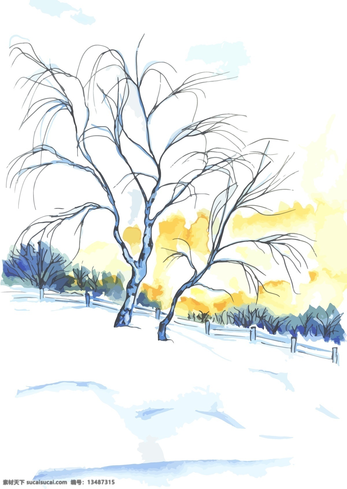 日落 附近 水彩 树 孤独 艺术 背景 矢量 蓝色 寒冷 绘画 森林 花园 手 自然 图画 雪 春天