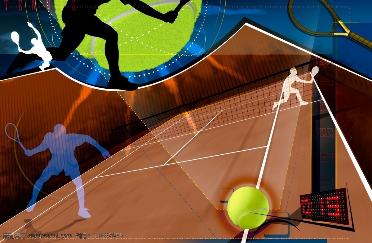 抽象网球 剪影 抽象 网球 红土场地 计时牌