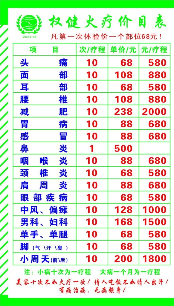 权健 火疗 价目表 矢量