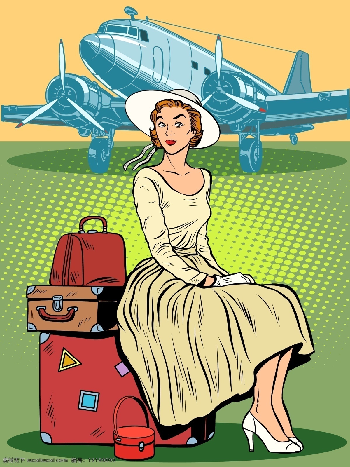 机场 飞机 美女 插画 人物 旅行 旅行箱 等飞机