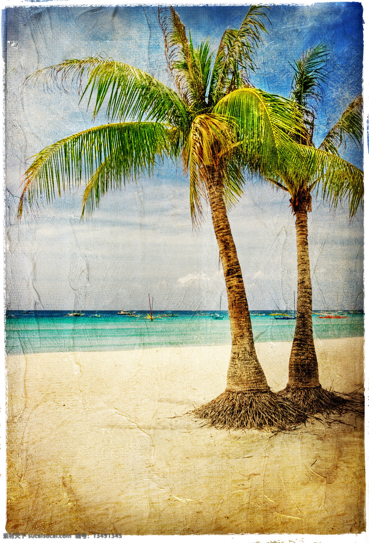 复古照片风景 椰子树 海边风景 沙滩 风景油画 复古艺术 文化艺术