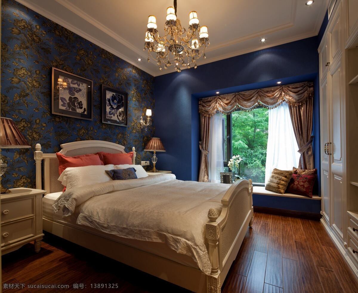 现代 时尚 卧室 深蓝色 绣花 背景 墙 室内装修 图 木地板 卧室装修 飘窗 金色吊灯