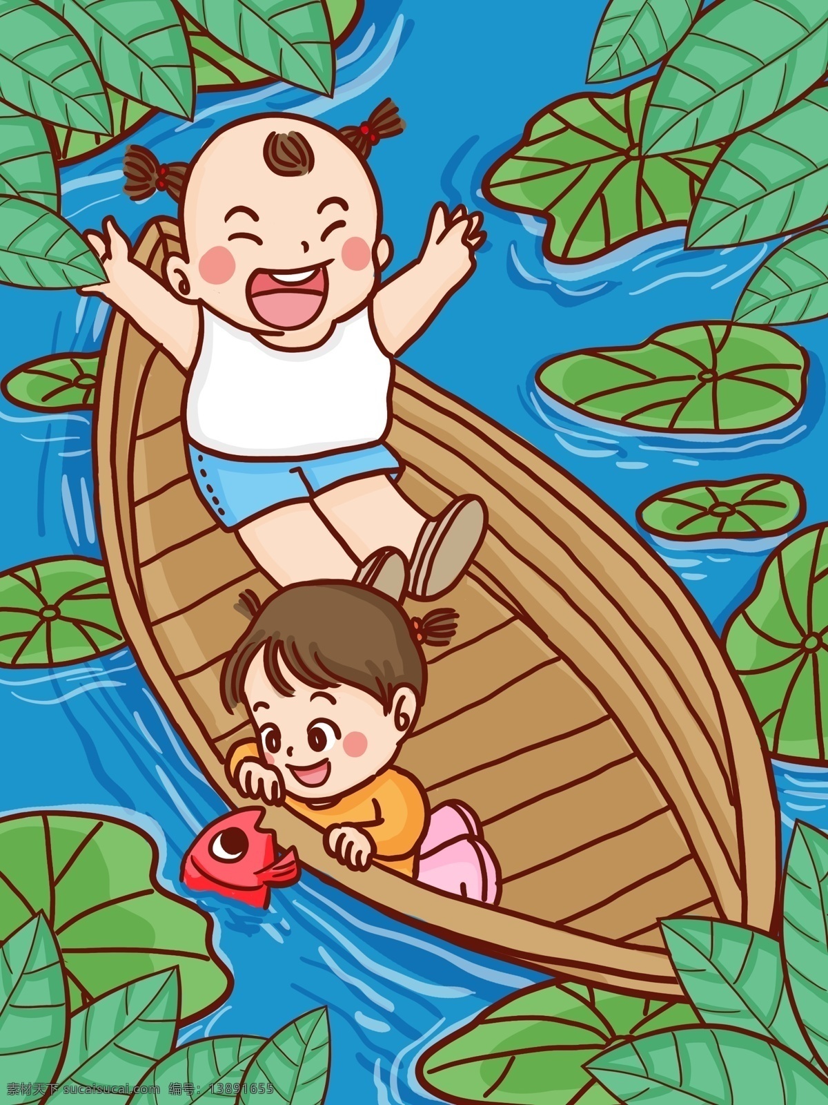 二十四节气 夏至 两个 孩童 游船 手绘 原创 插画 节气 游玩 鱼 荷叶 荷花 夏天 卡通