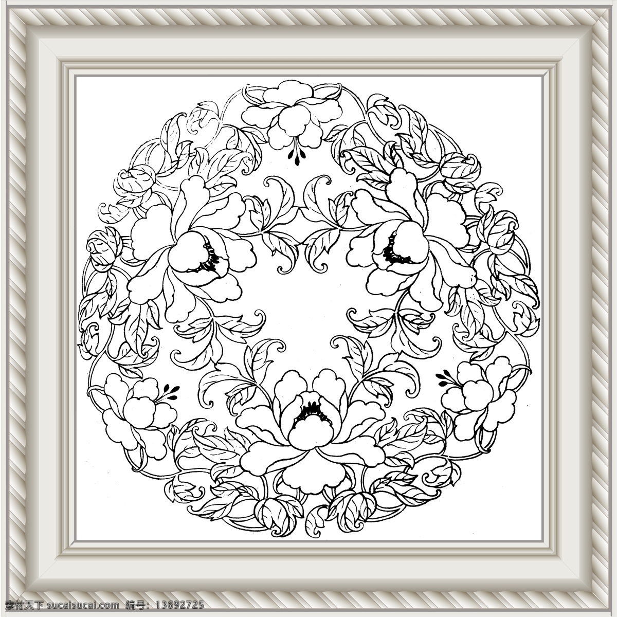 牡丹 白描牡丹 线描牡丹 白描 线描 工笔 美术 黑白稿 刺绣 刺绣图案 画框 相框 挂画 艺术画 传统图案 纹样 文化艺术 绘画书法 设计图库 分层 源文件