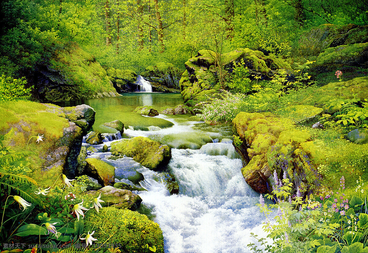 小溪 流水 高清 山林 丛林 小瀑布