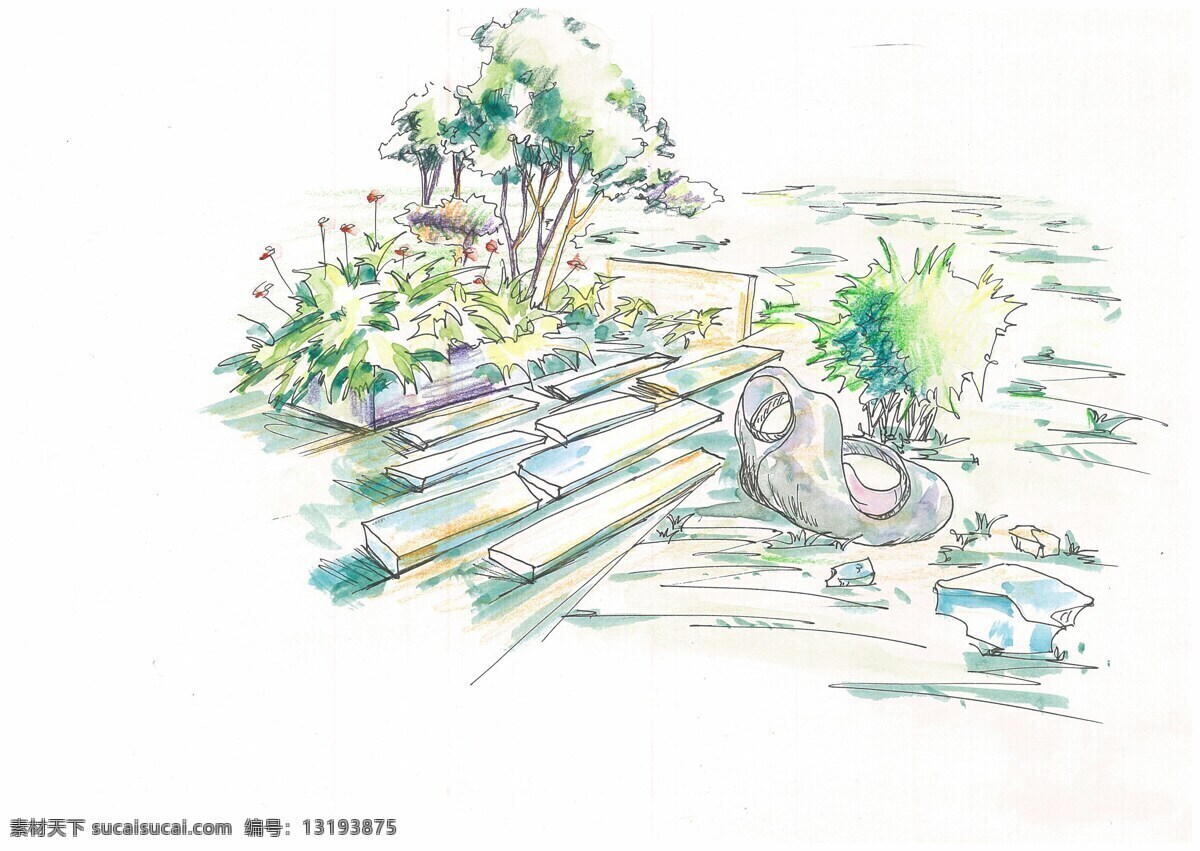 景观 手绘 草坪 灌木 花卉 环境设计 景观设计 景观手绘 景观小品 地面铺装 装饰素材