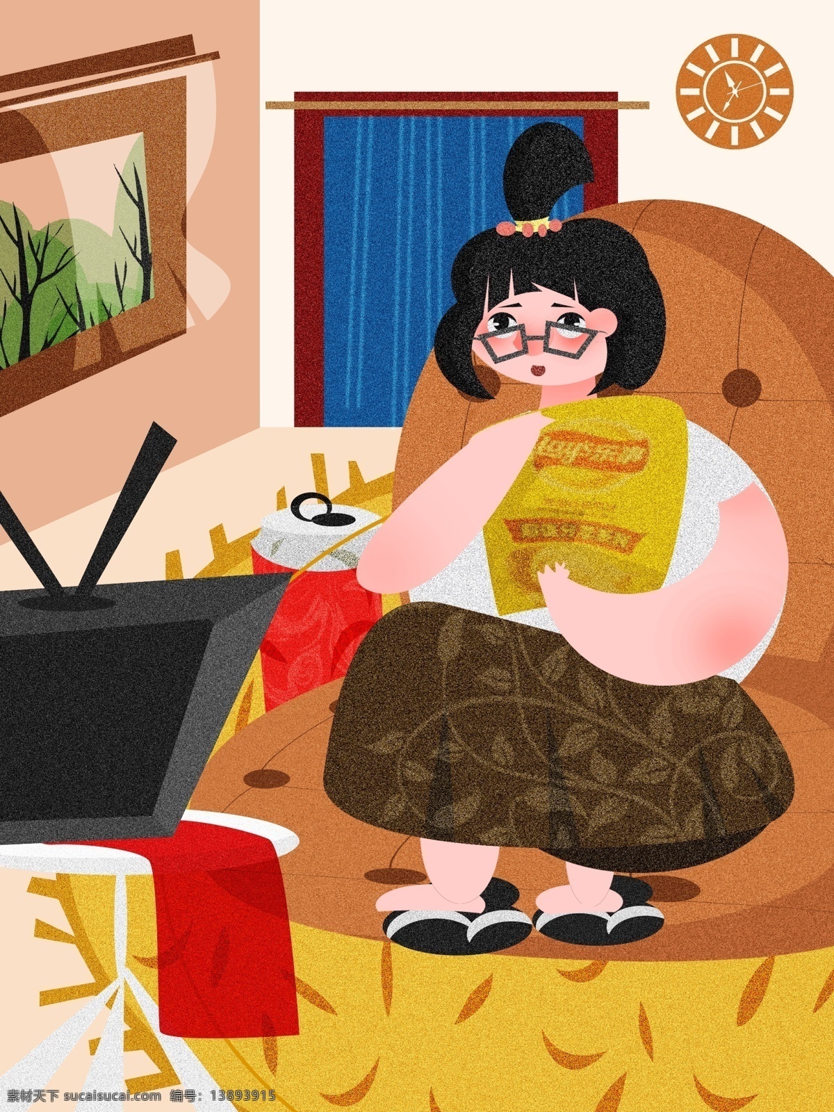 肥 宅 快乐 时光 吃 薯片 插画 室内 电视 女孩 沙发 肥宅 家里 看电视 吃薯片 可乐 快乐水