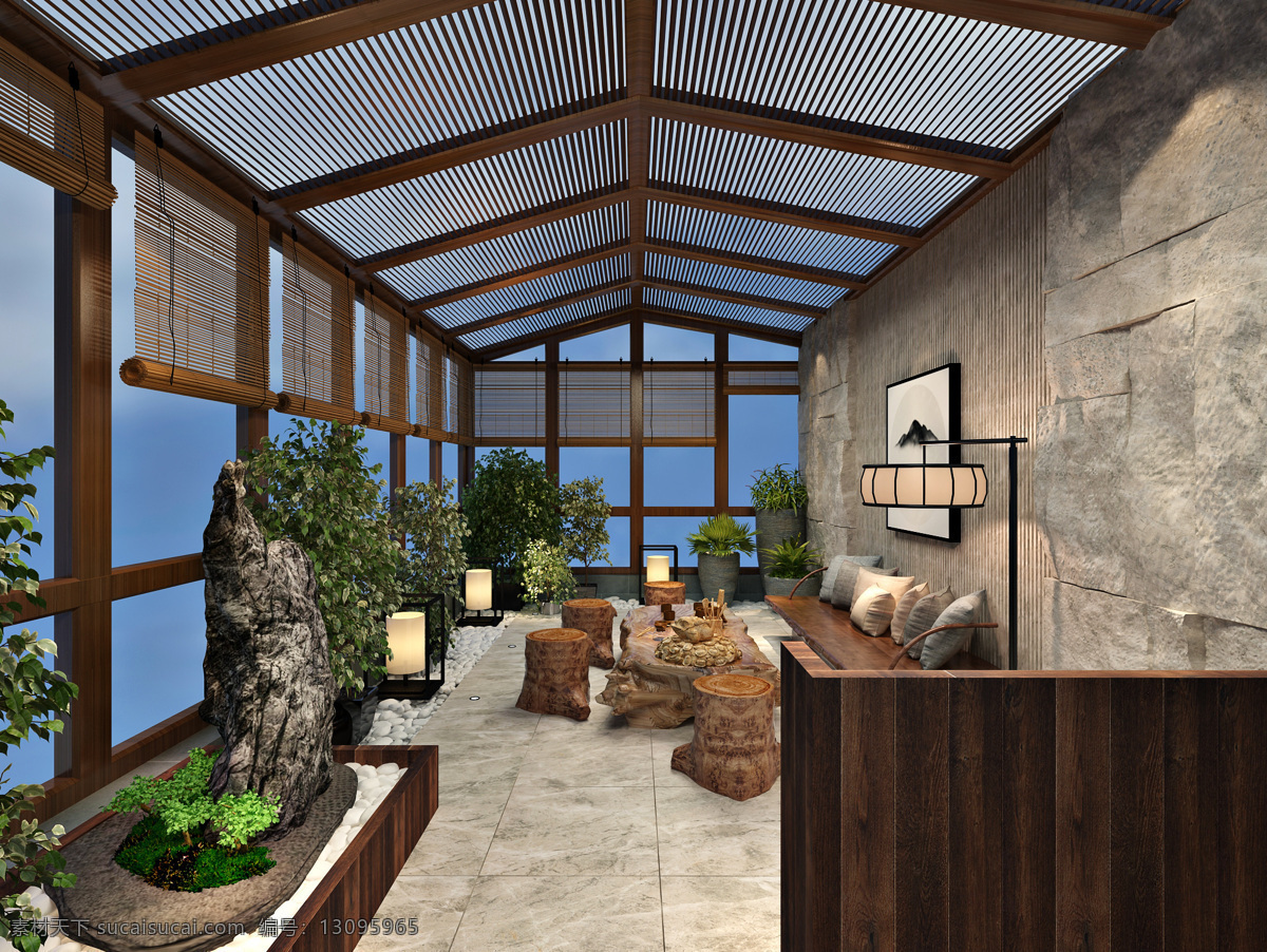 新 中式 阳光房 阳台 效果图 石材 植物 窗帘 大理石 茶海