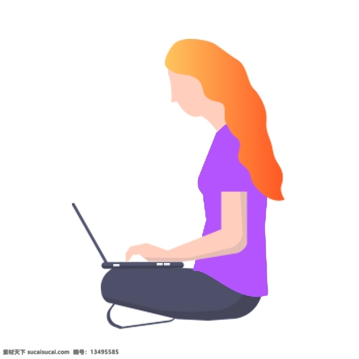 扁平 人物 女孩 玩电脑 元素 原创 电脑