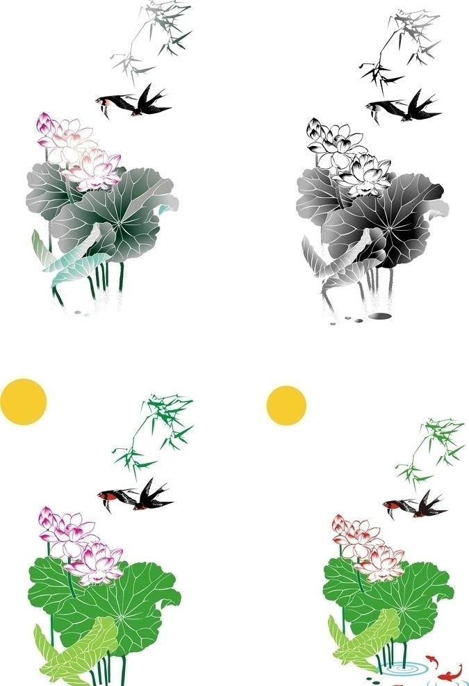 荷塘月色 荷花 花鸟 竹叶 月亮 游鱼 荷塘 月色 矢量花卉图库 美术绘画 文化艺术 矢量