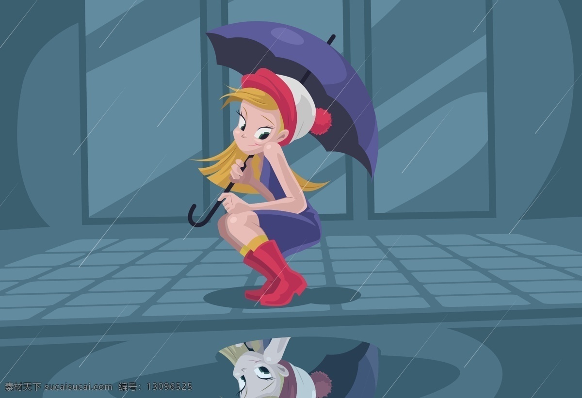 撑伞女孩 矢量女孩 下雨天 下雨倒影 卡通女孩 手绘女孩 女孩插画 女孩蹲着 下雨街道 雨伞女孩 街道 人物卡通 人物图库 女性妇女