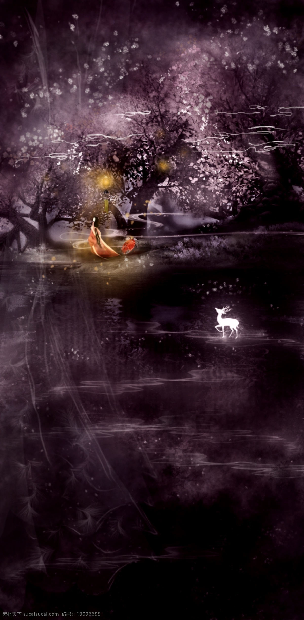 中国 古风 歌曲 海报 桃树 少女 鹿 插画 紫色 夜晚 中国古风 歌曲海报