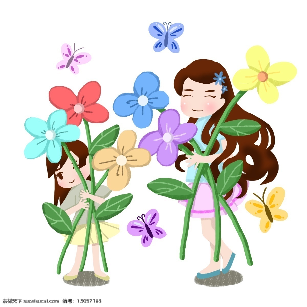 卡通 手绘 春天 女孩 妈妈 开心 玩耍 卡通手绘 水彩 彩色 卡通人物 女孩和妈妈 季节 春季 踏青 郊外 草地 美丽风景 鲜花 开心玩耍 创意设计