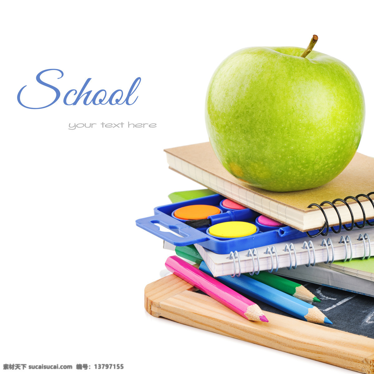 笔记本 上 青苹果 学习用品 学习教育 学校背景 调色板 铅笔 办公学习 生活百科