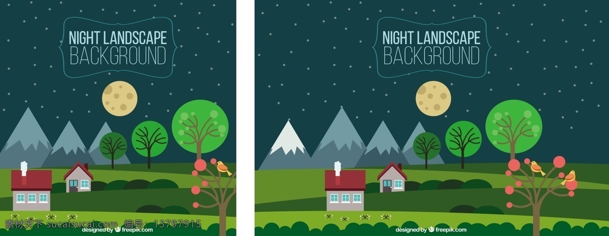 夜 景观 绿色 背景 房子 自然 绿色背景 大地 森林 月亮 平面 夜晚 树木 环境 平面设计 自然背景 背景绿地 室外